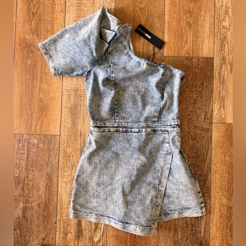 Fashion Nova Light Blue Acid Wash One-Shoulder Romper